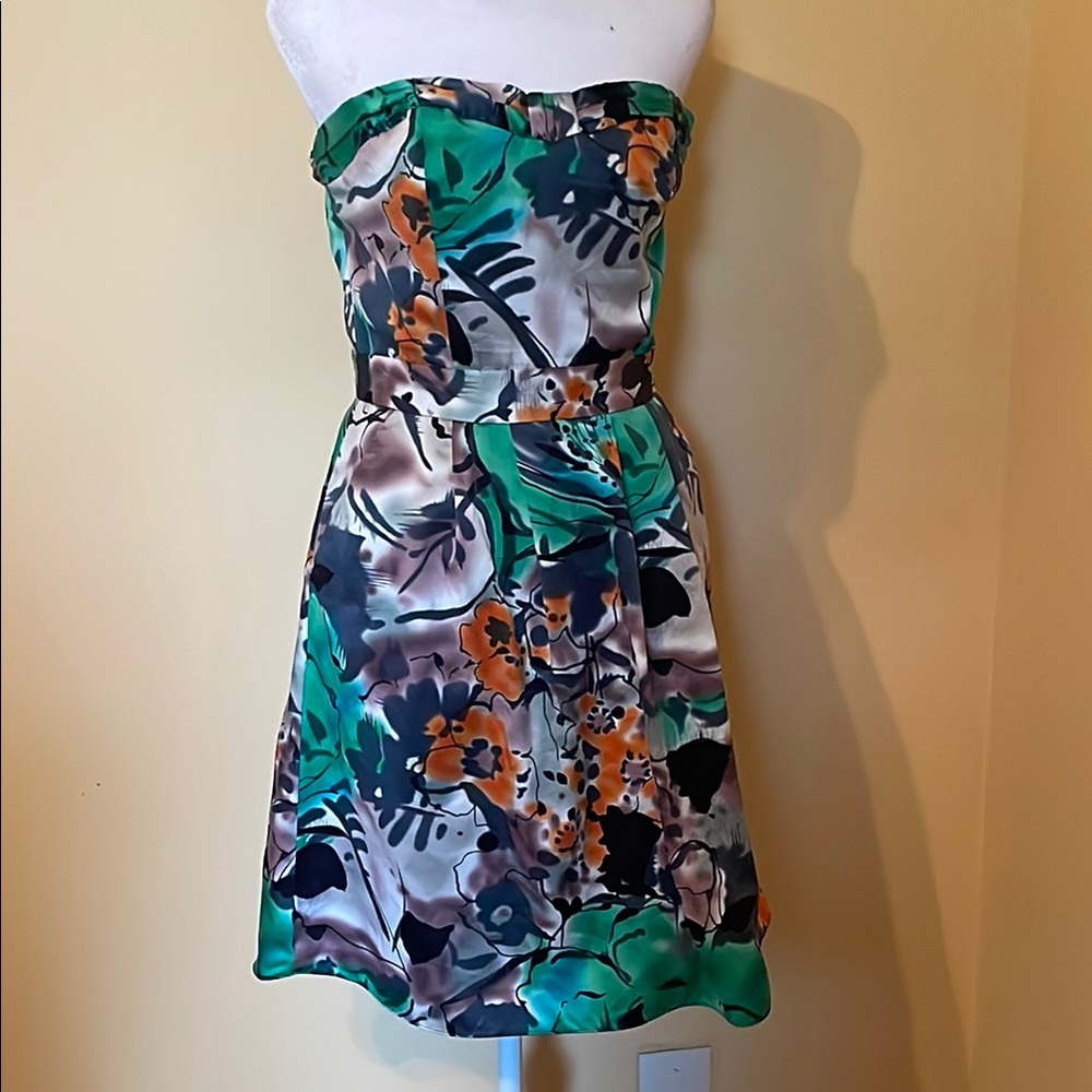 The Limited Strapless Dress - Green and Orange Floral Design